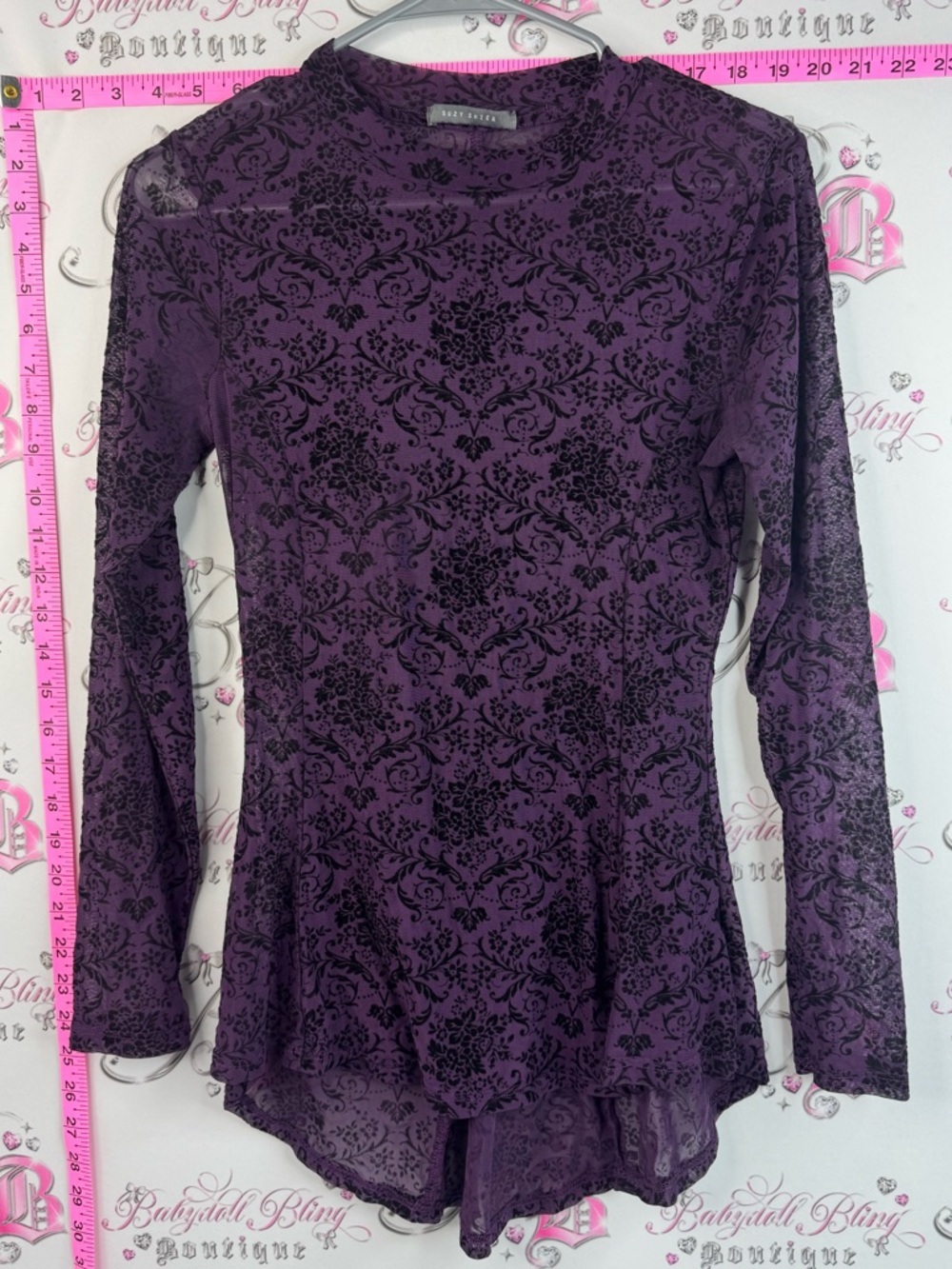 Suzy Shier top long sleeve stretchy paisley Purple Floral Print Long Sleeve Top